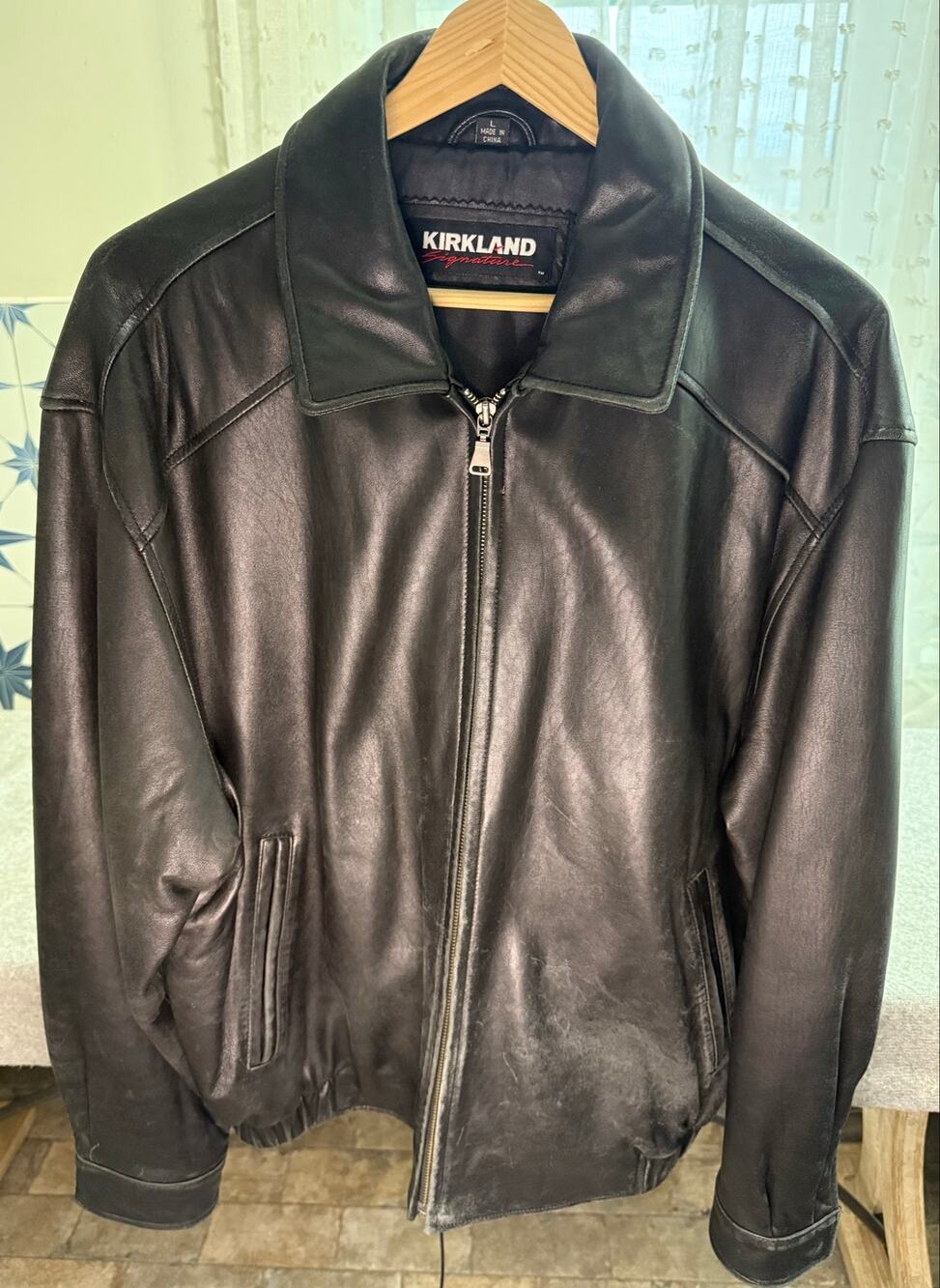 Kirkland Signature Vintage Black Leather Bomber Jacket 50 Chest Mens Flight Coat